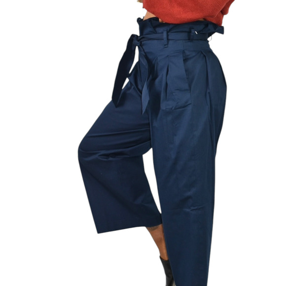 M Martin Pants Blue Cotton Sateen Trousers Wide Loose Straight Crop Paperbag 2 - Picture 2 of 14